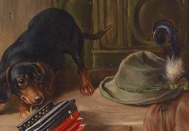 historical painting of a dachshund in a room with a feather hat