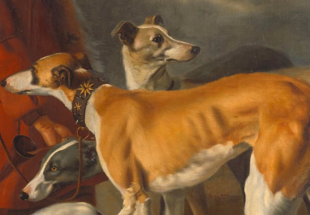 An old painting of Greyhounds.