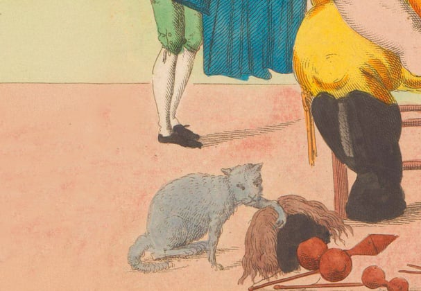 A historic painting of a russian blue cat.