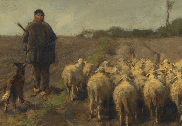 A historic painting of a German Shepherd