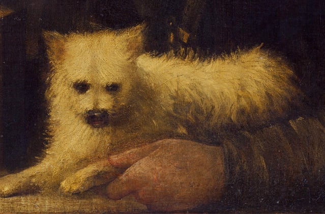 Historical painting of West Highland White Terrier sitting in between owners' arms