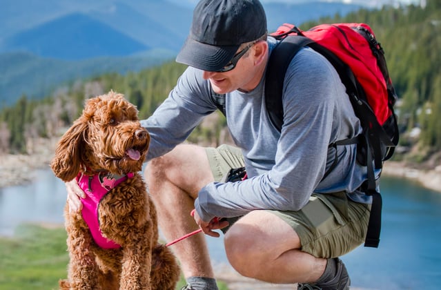 A man and his goldendoodle hiking near a lake.