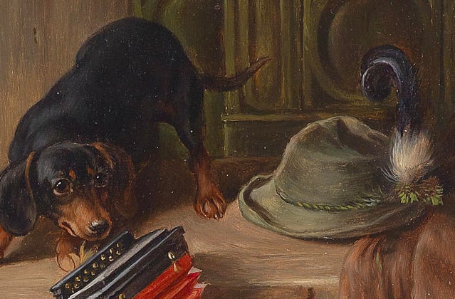 historical painting of a dachshund in a room with a feather hat