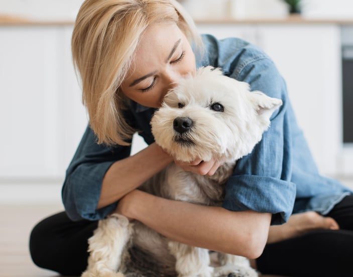 Wst Highland Terrier being kissed by owner