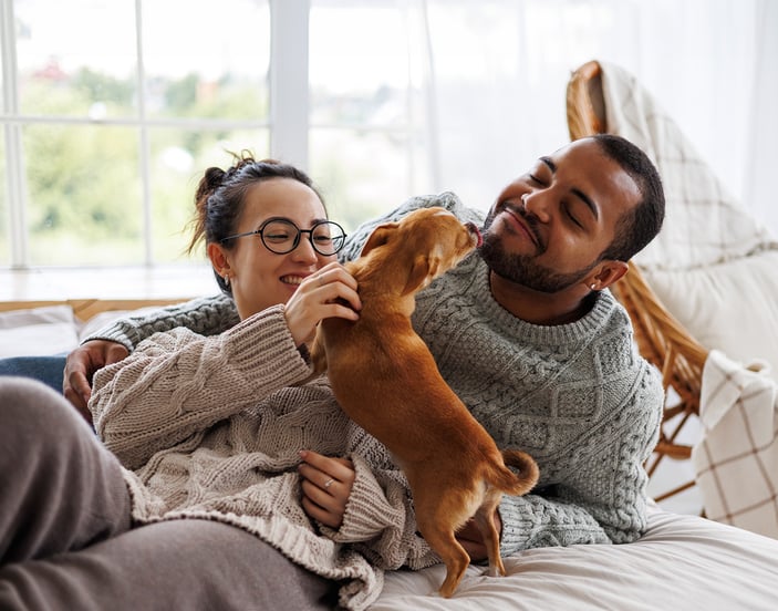 A couple with their small dog, the dog is licking the man's face.