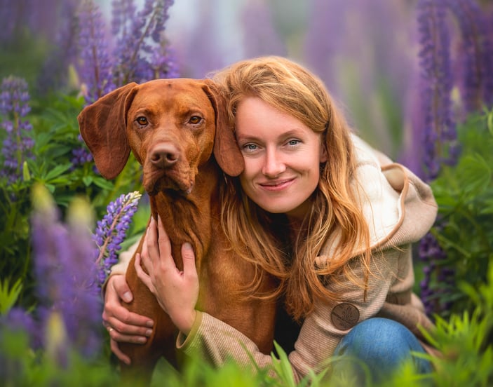 A woman hugging her hungarian vizsla in a field of purple flowers.