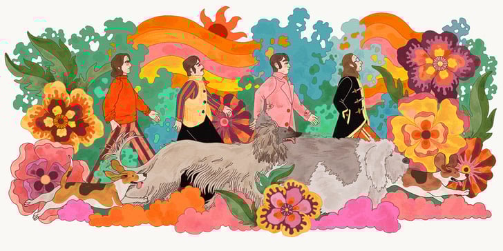 A psychedelic illustration of the Beatles crossing Abbey Road.