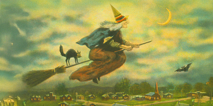 drawing of witch and black cat on a broom