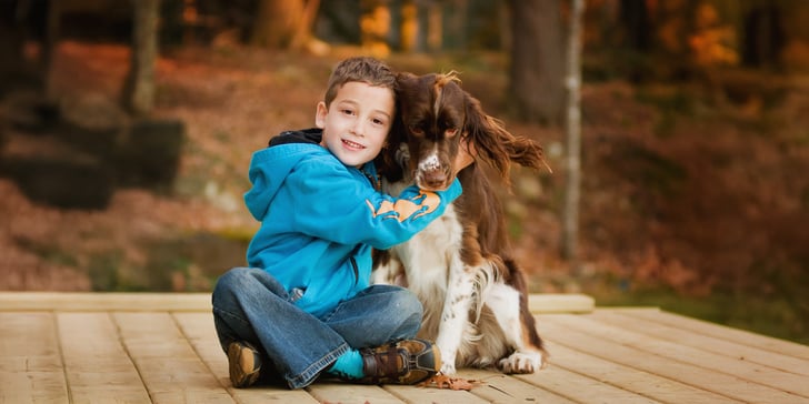 child hugging springer spaniel sitting on a deck