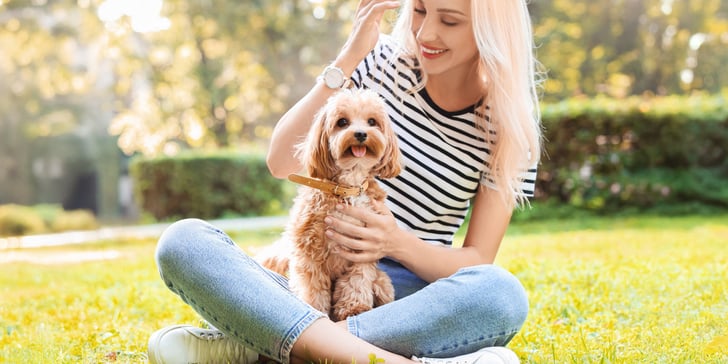 A woman sitting outdoors with a Cavapoo in her lap.