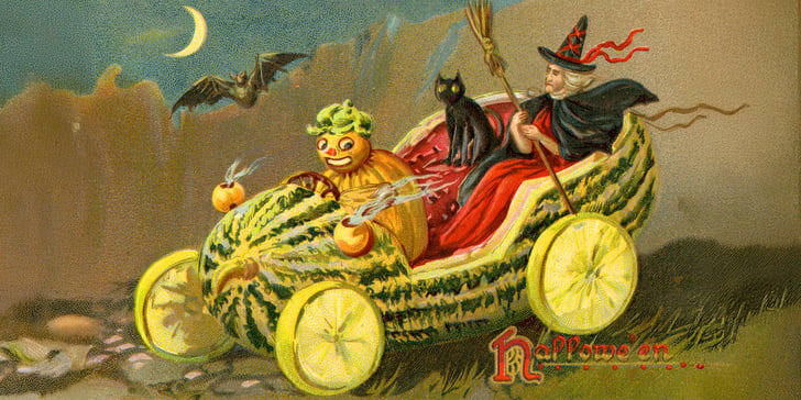 drawing of black cat and witch in car made of pumpkin