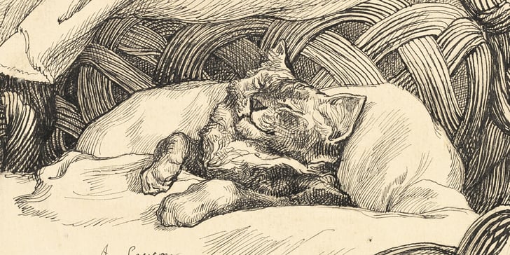 an old painting of a cat in a basket