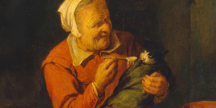 A painting of an old peasant woman feeding a cat with a spoon.
