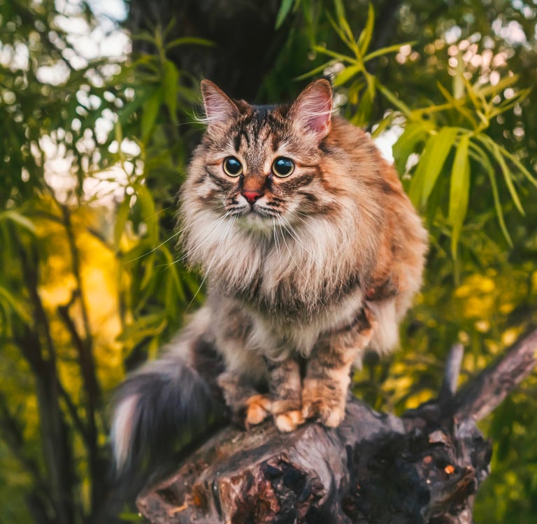 A siberian cat sitting in a tree surrounded by leaves.