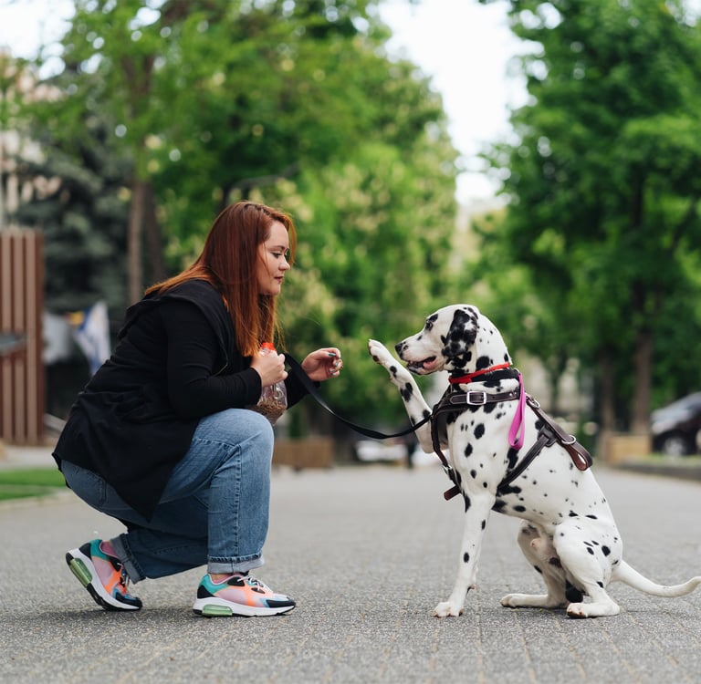 Dalmatian f=giving paw to owner on the street