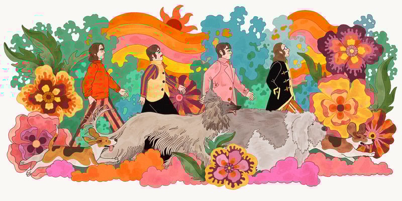 A psychedelic illustration of the Beatles crossing Abbey Road.