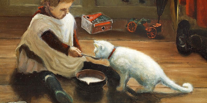 'A Small Girl Giving Milk to a Cat' by Adolph Larsen