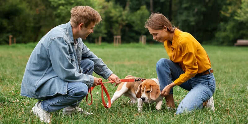 A man and a woman are training their beagle in a park.