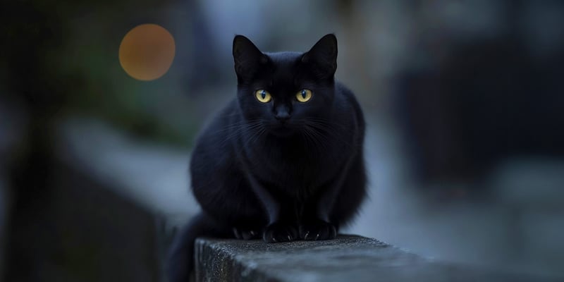 Black cat with yellow eyes sitting on a wall