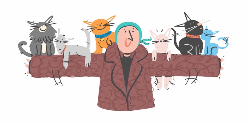 Illustration of woman with 6 cats on her arm