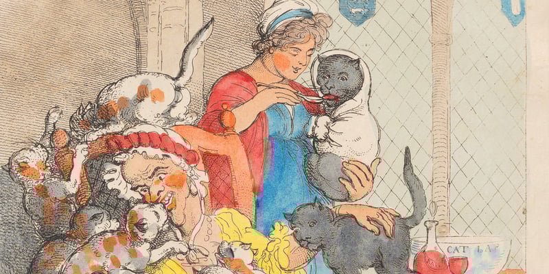 An old painting of a spinster and her cats.