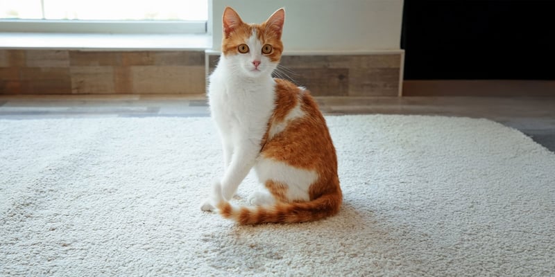 White and ginger cat sitting on cream carpet