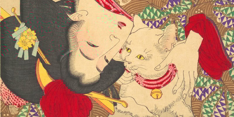 An ancient Japanese woodblock print of a woman in a kimono cuddling her white cat.