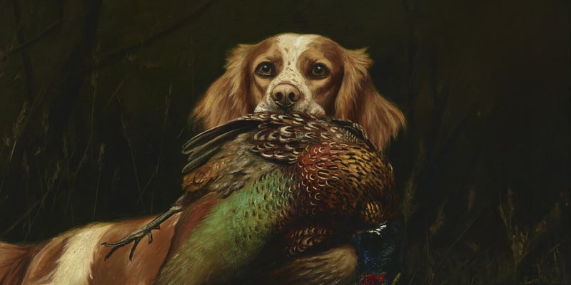 An old painting of a Springer Spaniel holding guinea fowl in it's mouth.