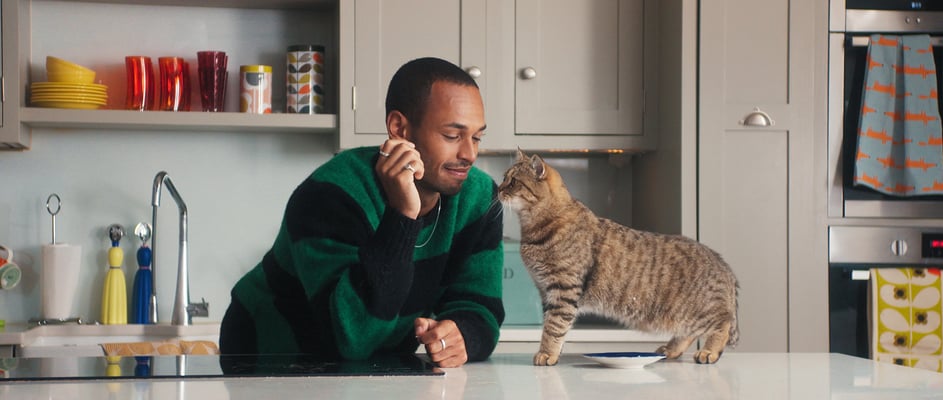 A man leaning on his kitchen counter and playing with his tabby cat.