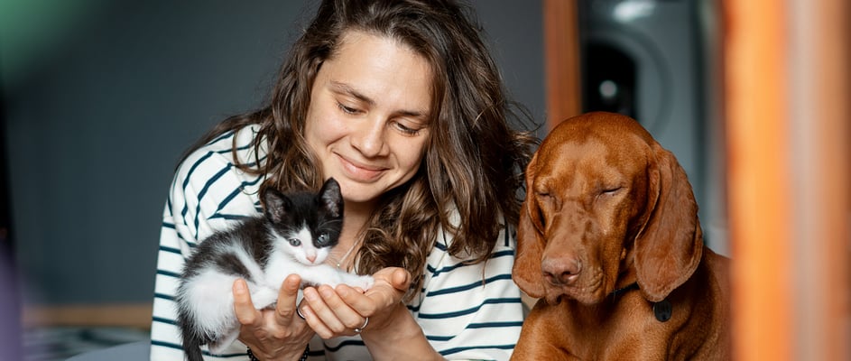 A woman sits on a floor cushion with a black-and-white kitten and a Vizsla dog.
